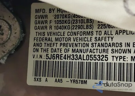 2010 Honda Cr-V Lx z USA, uszkodzony, nr VIN 5J6RE4H33AL055325